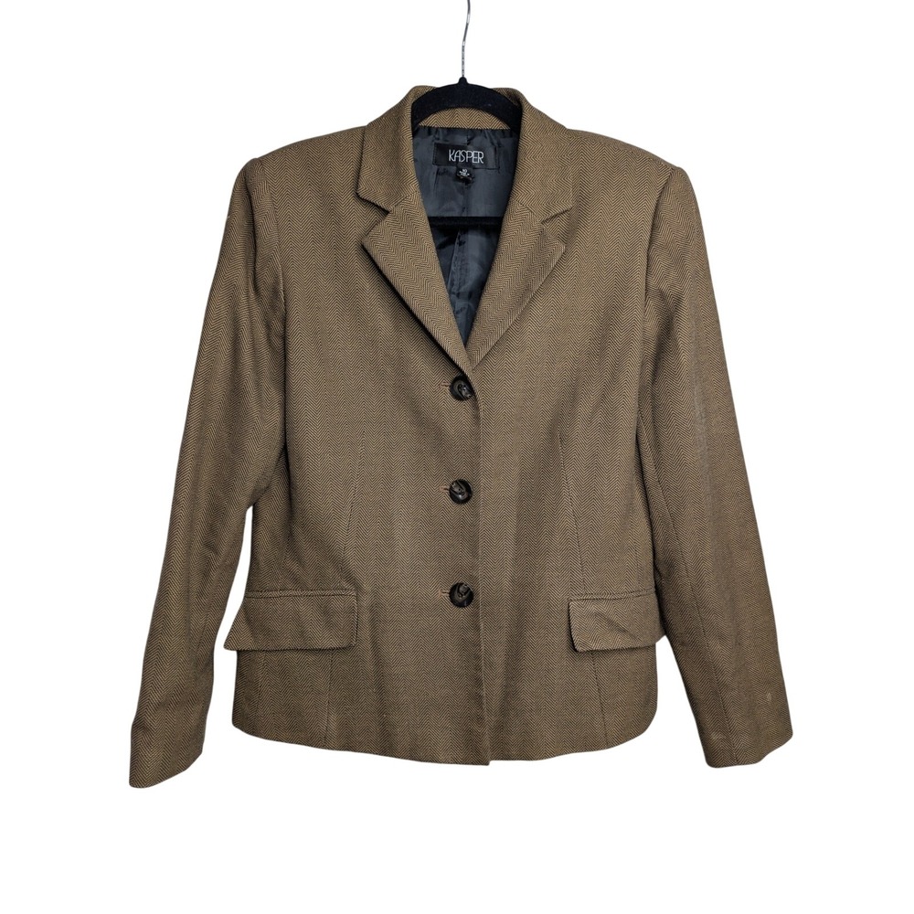 Kasper Womens 10 Brown Herringbone Blazer Jacket 3 Button Shoulder Pads Office
